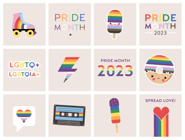 illustrazioni stock, clip art, cartoni animati e icone di tendenza di pride month giugno 2023, clipart di celebrazione per i tuoi progetti lgbtq +, set di illustrazioni vettoriali, loghi, tipografia, queer, gay, lesbiche, arcobaleni, anni '80 - equal opportunity flash