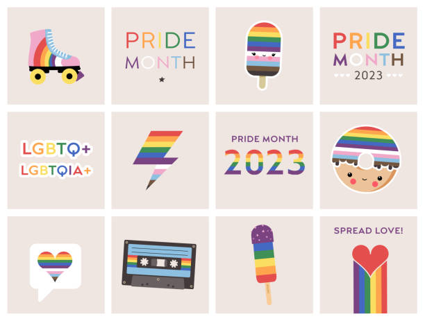 ilustrações de stock, clip art, desenhos animados e ícones de pride month june 2023, celebration cliparts for your lgbtq+ projects, set of vector illustrations, logos, typography, queer, gay, lesbian, rainbows, 80s - equal opportunity flash