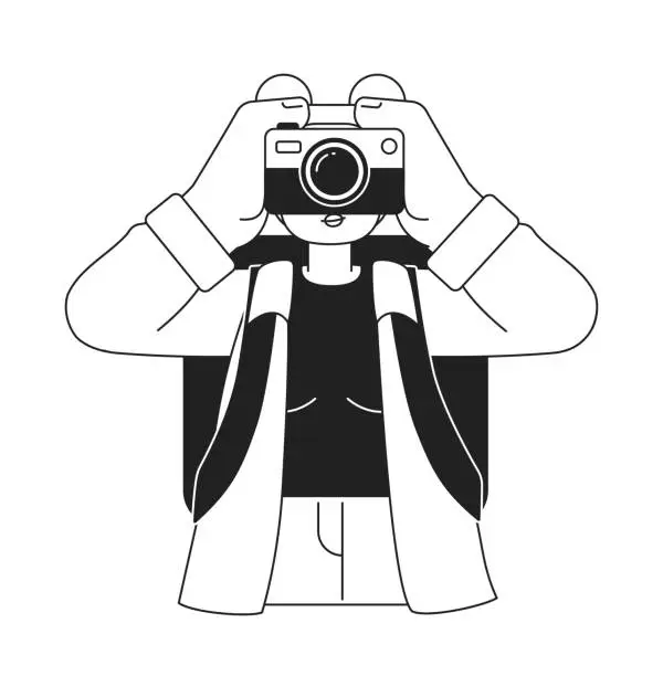 Vector illustration of Female tourist capturing vacation memories on camera monochromatic flat vector character
