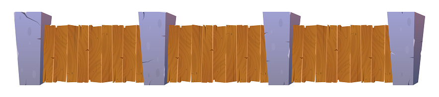 Cartoon fence made from wood and stones set. Vector illustration isolated on white