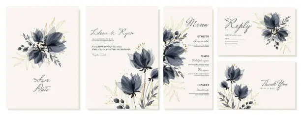 Vector illustration of Wedding invitations, thank you cards and menus with gray blue watercolor elegant flowers and gold branches. Vector template