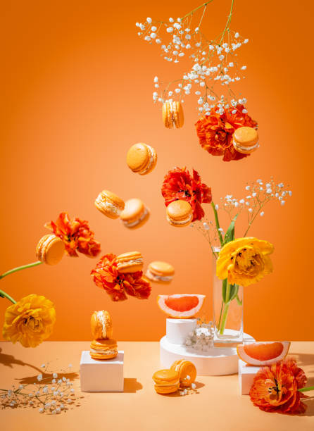 los macarons de pomelo y los tulipanes amarillo-naranja vuelan sobre fondo naranja - cut out tulip close up drop fotografías e imágenes de stock