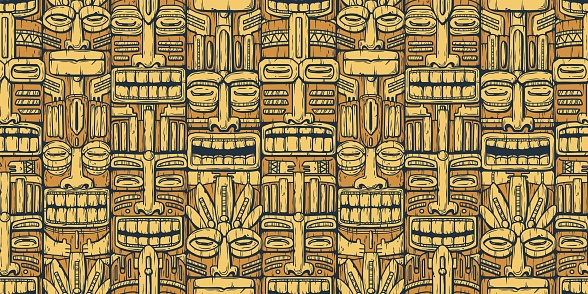 Wooden tiki mask seamless pattern or hawaii surfing background for tiki bar. Traditional ethnic idol and hawaiian surf, maori or polynesian. Design old tribal totem.