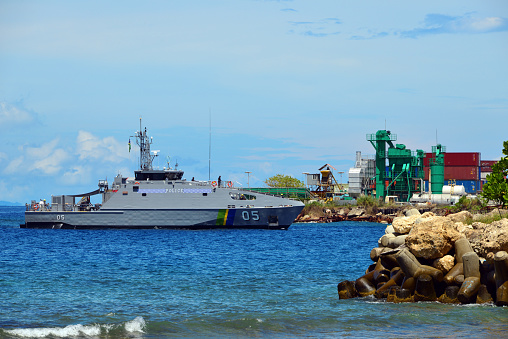 Honiara, Guadalcanal Island, Solomon Islands: RSIPV Gizo (05) a Guardian-class patrol boat, entering Honiara harbor after a patrol -  Royal Solomon Islands Police Force Maritime Department.  Royal Solomon Islands Police Force Maritime Department.