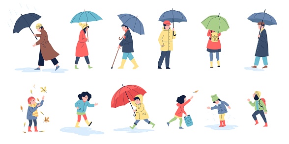 People in autumn rainy day walking with umbrella. Adults and funny children jump in fall puddles. Recreation on nature, outdoor recent vector characters in rain weather, autumn rainy illustration