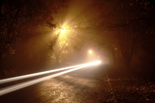 Long Exposure Car Light Trails - Foggy Road