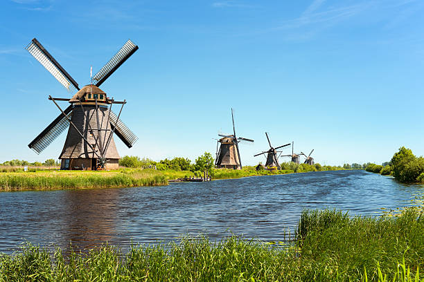 Clear water in river running across windmills at Kinderdijk