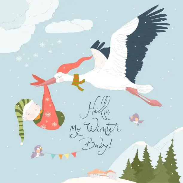 Vector illustration of Cartoon Stork flying in the Sky with Baby. Baby Shower Card