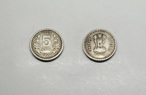 Indian Currency five Rupees Coin, Indian Currency, Money, old five rupees coin