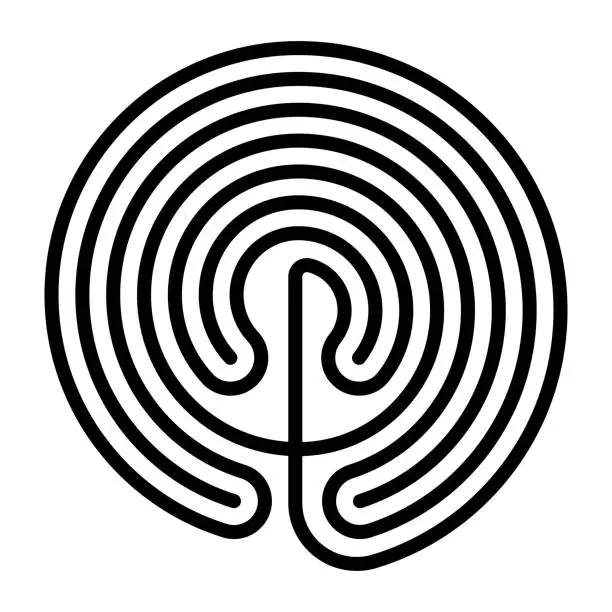 Vector illustration of Circle shaped Cretan labyrinth, classical design, single path in 7 courses