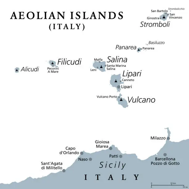 Vector illustration of Aeolian Islands, north of Sicily, Italy, gray political map