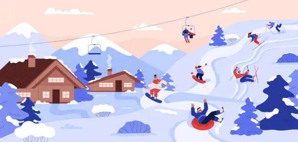 Vector illustration of Happy people relaxing at ski resort flat style, vector illustration