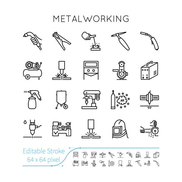 ilustrações de stock, clip art, desenhos animados e ícones de metalworking icon set. editable vector stroke. welding, sharpening, grinding, drilling, cutting, sandblasting, grooving, cleaning, plasma, laser, grinder, hydro, compressor, gas. - soldar