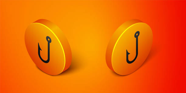 Isometric Fishing hook icon isolated on orange background. Fishing tackle. Orange circle button. Vector Isometric Fishing hook icon isolated on orange background. Fishing tackle. Orange circle button. Vector. barb feather part stock illustrations