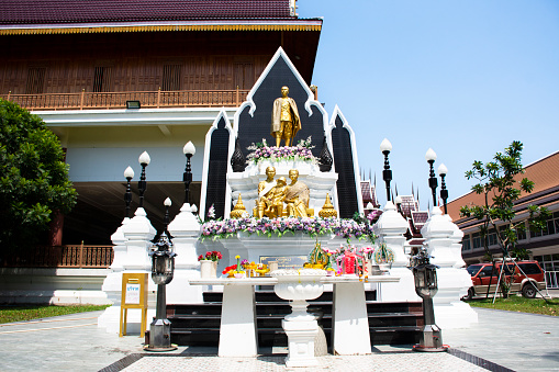 Majesty King Phrabat Somdet Phra Paraminthra Maha Chulalongkorn Phra Chulachomklao Chao Yu Hua Rama V or Kings Piya statue at Wat Ku or Phra Nang Rua Lom temple on May 7, 2023 in Nonthaburi, Thailand