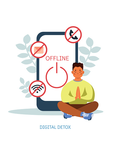 The concept of digital detoxification. A man meditates in the lotus position. Informational detoxification. Rejection of news, gadgets, devices, the Internet, social networks. Maintaining mental health. Vector