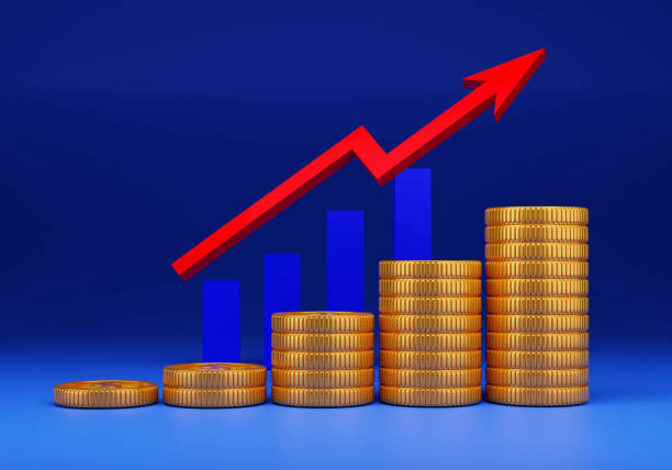 istock Gold coins with red arrow with bar chart on blue background. 3D rendering illustration 1491514230