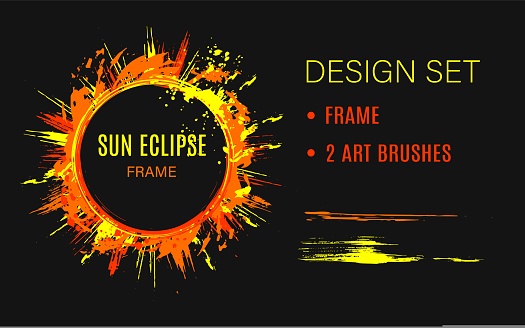 Set of design elements, circular frame like sun eclipse, grunge art brushes Dark circle on background with paint brush strokes, dynamic glowing lines, spattered paint of neon colors Abstract clip art