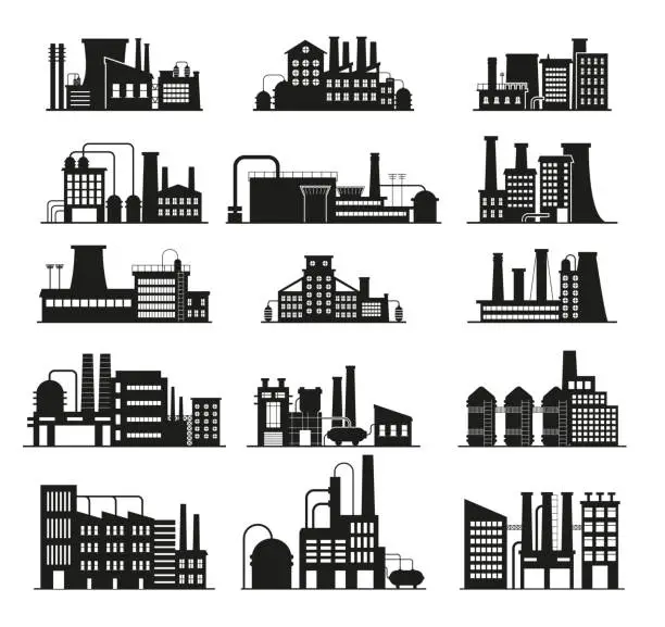 Vector illustration of Manufactury, factory and plants vector set. Business buildings. Oil refinery.