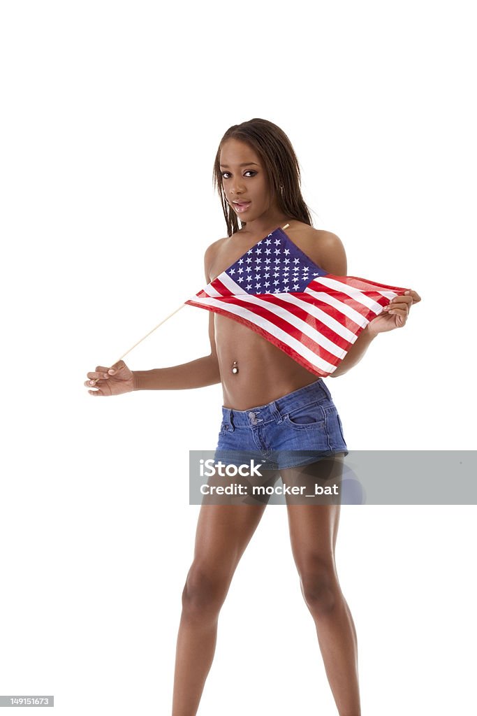 Sexy femme ethnique Noir avec drapeau national américain - Photo de 4 juillet libre de droits