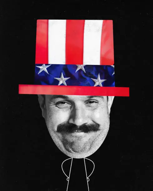 Photo of Contemporary art collage with happman, americans wearing a stars-and-stripes hat over dark background. Americans celebrate 4th of July, patriotism