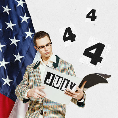Festive greeting card. Contemporary art collage with american man reading newspaper 4th July over flag of USA background. Happy Independence day. Patriotism, national holiday, history, ad concept