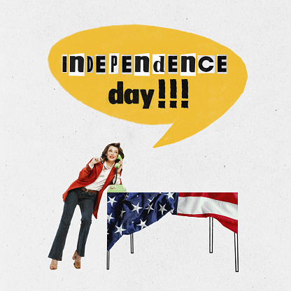 Contemporary art collage with business woman celebrating american national holiday over white background. Happy Independence day, 4th July. Usable as greeting card. Patriotism, history, ad concept
