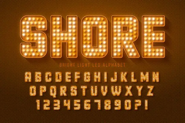 Vector illustration of Retro cinema alphabet design, cabaret, LED lamps letters and numbers.