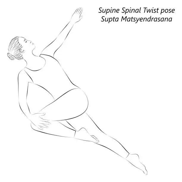 Vector illustration of Sketch of young woman practicing yoga, doing Supine Spinal Twist pose. Supta Matsyendrasana. Supine and Twist. Beginner. Vector illustration isolated on transparent background.