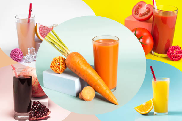 A collage of rich photos of pomegranate, orange, tomato, carrot and grapefruit juices. A collage of rich photos of pomegranate, orange, tomato, carrot and grapefruit juices. Glutathione stock pictures, royalty-free photos & images