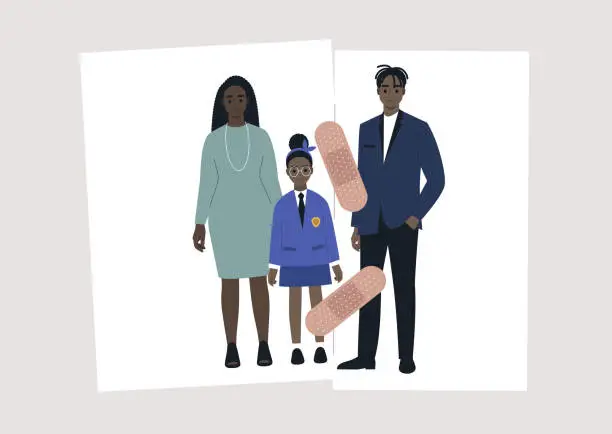 Vector illustration of A reverse divorce concept, a family photo torn in two pieces and glued together with an adhesive tape, a separation process, a couple therapy