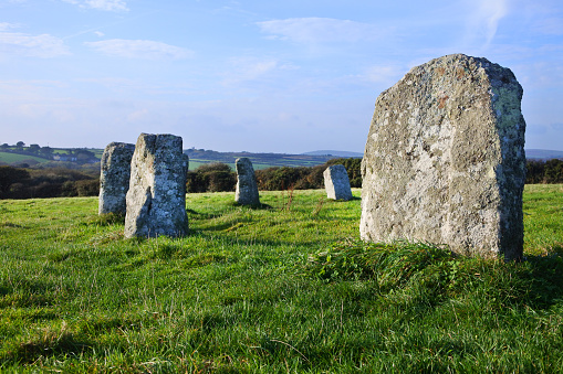 The early bronze age Merry Maidens stone circle, Penwith, Cornwall, UK