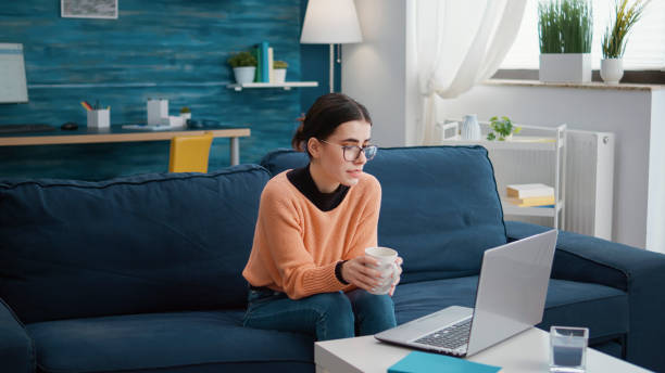 istock Person attending remote conversation on video call meeting 1491525628