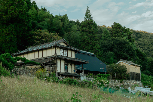 Traditional Japanese house on a hillside in Okayama, Japan