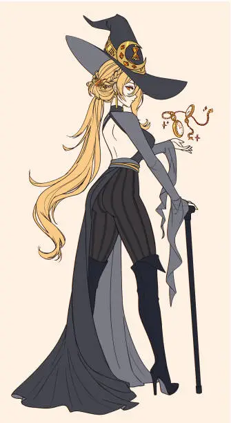 Vector illustration of Anime manga full body witch holding cane