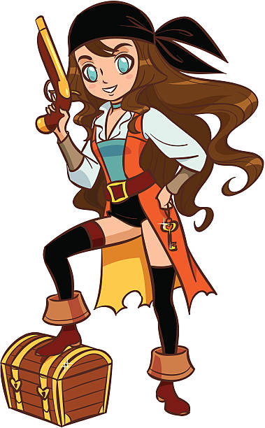 ilustrações de stock, clip art, desenhos animados e ícones de mulher pirata menina com pó arma e arca de tesouro - pirate corsair cartoon danger