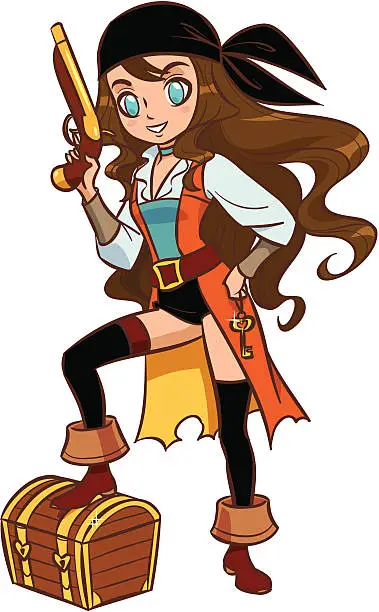 Vector illustration of Cartoon pirate girl with powder gun and treasure chest