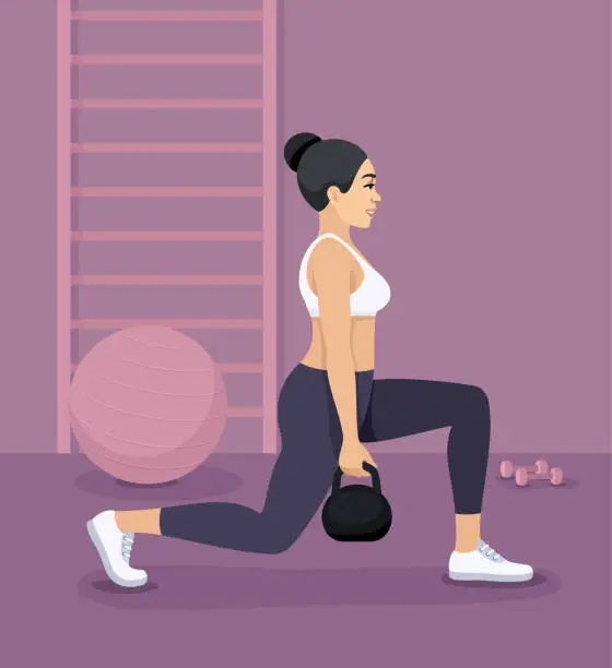 Vector illustration of Woman doing fitness. Sport exercises. Classic dumbbell Lunges.