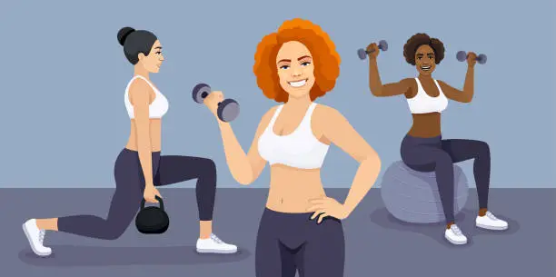 Vector illustration of Young and beautiful fitness women in gym.
