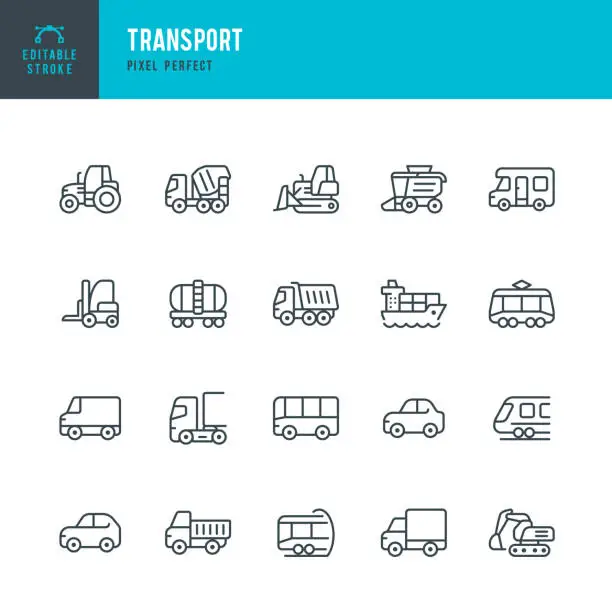 Vector illustration of TRANSPORT - set of vector linear icons. Pixel perfect. Editable stroke. The set includes a Commercial Transport, Car, Bus, Subway Train, Backhoe, Bulldozer, Tractor, Cement Truck, Dump Truck, Forklift, Van, Truck, Semi-Truck, Container Ship, Tram, Motor H