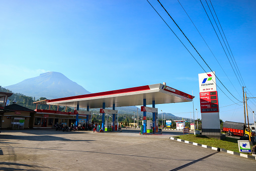 Wonosobo, Indonesia - April 5, 2023: Pertamina gas station. which provides biodiesel fuel, Pertamax, Pertalite and Dexlite. SPBU Kejajar