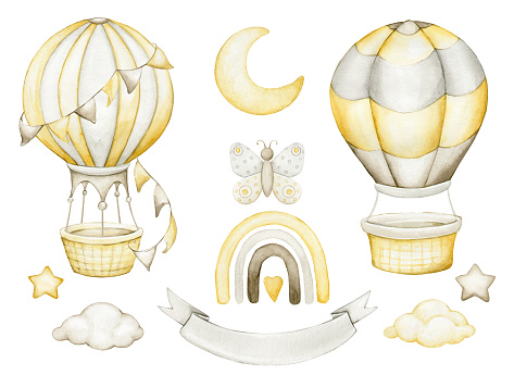 hot air balloon, banner, moon clouds, stars, rainbow, butterfly. A set of elements, but an isolated background. in boho style, painted in watercolor.