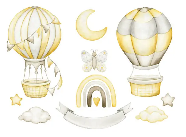 Vector illustration of hot air balloon, banner, moon clouds, stars, rainbow, butterfly. A set of elements, but an isolated background. in boho style, painted in watercolor.