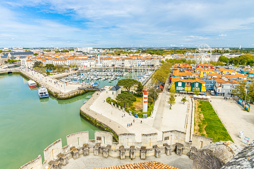 Panoramic view of the Bassin a Flot marina and Le Gabut district in La Rochelle, France