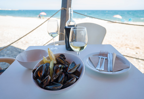 Boiled mussels on bowl in chiringuito beach bar  Tarragona Spain