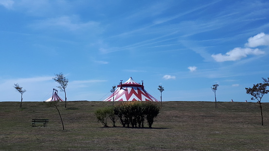 red and white circus tent