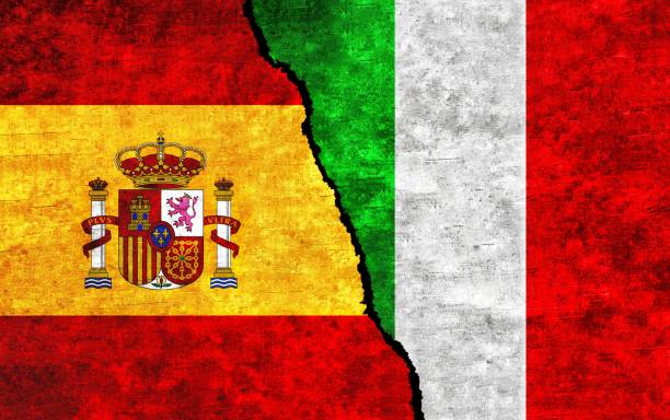 istock Spain and Italy flags together. Italy and Spain conflict 1491546144
