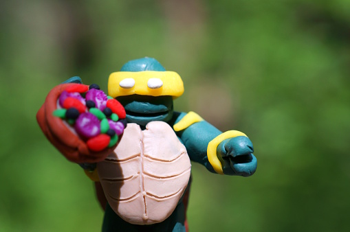 Toy ninja turtle with plasticine pizza. Toys from the cartoon.