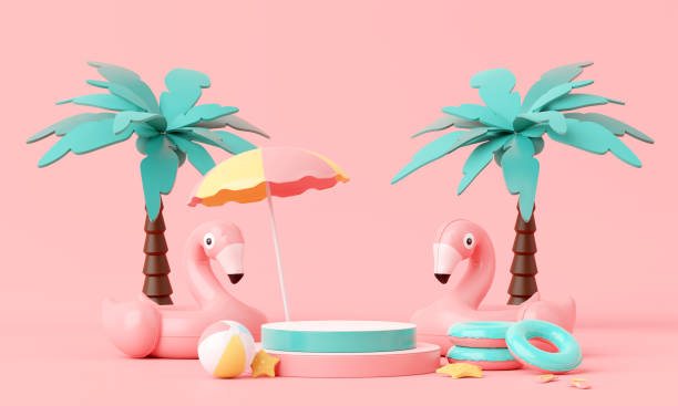 istock Summer pink vacation beach with Flamingo inflatable ring background concept, Minimal Realistic Display Podium for Product mock-up or Cosmetics with summer pink theme, inflatable ring. 3d rendering 1491546912