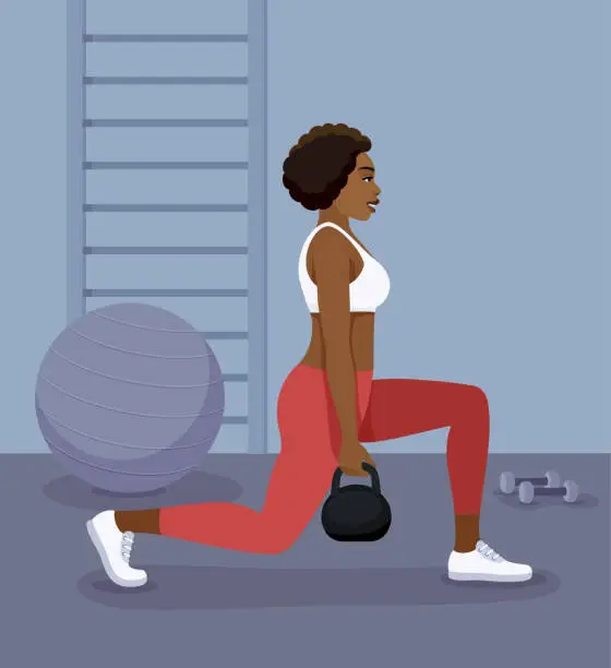 Vector illustration of African American Woman doing fitness. Sport exercises. Classic dumbbell Lunges.